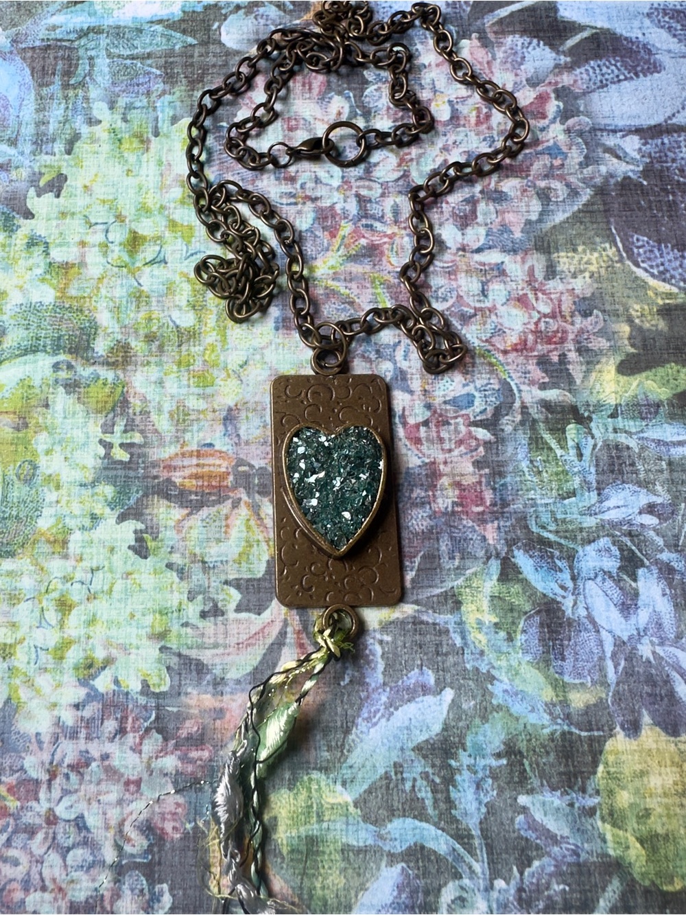 Hand Crafted Antique Bronze Teal Inclusion Heart Pendant Necklace with Tassels